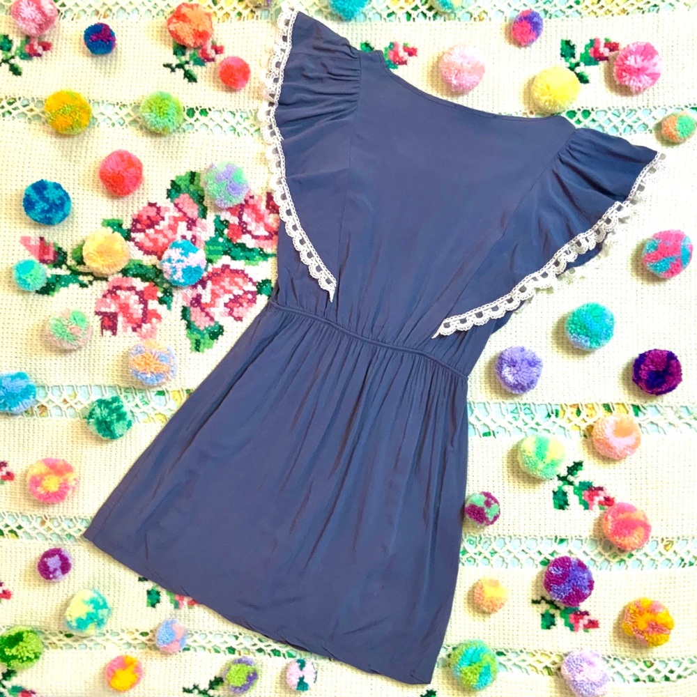 Lush Blue Ruffle Dress Cream Bow Lace Soft Large - Picture 2 of 7